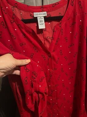 Catherines Red Blouse with Black Eyeglass & White Dot Print